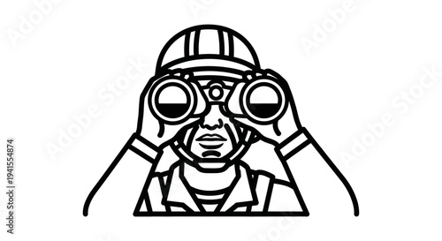 Construction worker looking through binoculars, wearing hard hat, safety vest, planning and surveillance concept