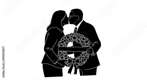 Couple kissing over a wreath, symbolizing love and remembrance