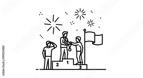 Champions on Podium with Medals and Flag - Victory Celebration