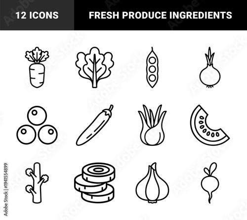 Fresh organic vegetables and garden produce for culinary branding. Technical monoline linear pictograms featuring farm to table dietary concepts.