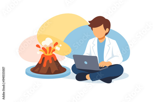 Scientist studying volcano eruption on laptop computer.