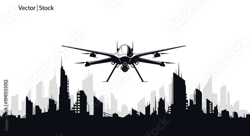 Drone flying over futuristic city skyline silhouette, surveillance concept