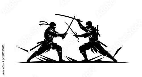 Dynamic Silhouette of Two Ninjas in Combat with Swords