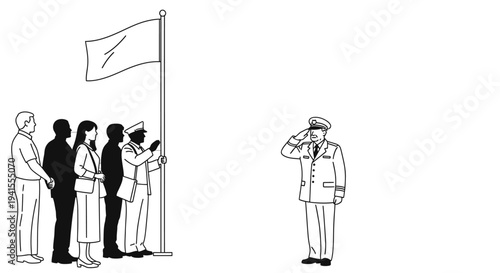 Flag Raising Ceremony: Diverse Group Salutes Officer During Patriotic Event