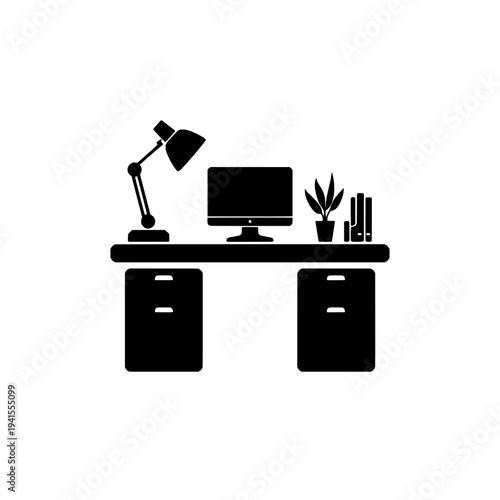 Remote work desk icon logo design. Office workspace sign and symbol. Freelance home office silhouette.