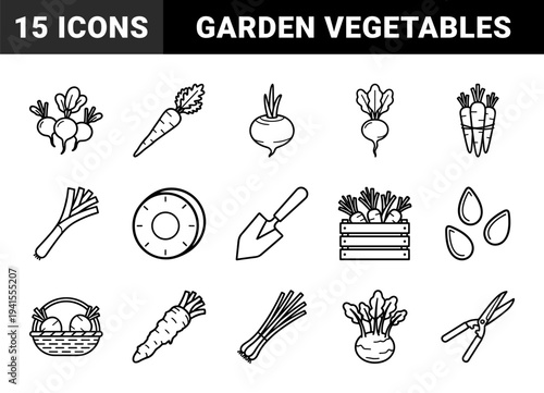 Root vegetable harvesting and organic gardening equipment. Monolinear black and white graphics featuring carrots, radishes, trowel, and garden shears.