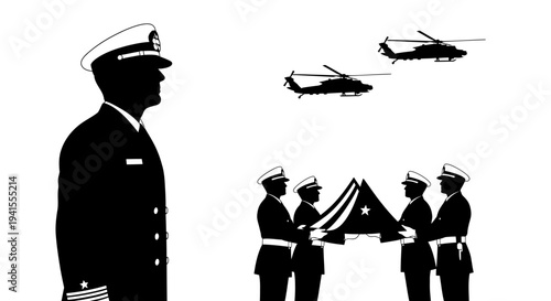 Military Funeral Ceremony: Honor Guard Carries Flag, Helicopters Fly Over