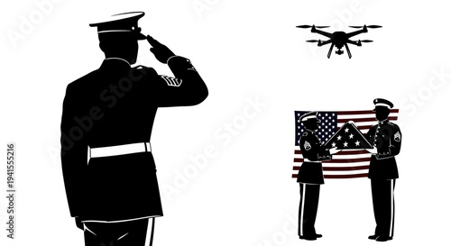 Military Drone Technology and Flag Ceremony: Soldier Salutes, Drones Observe