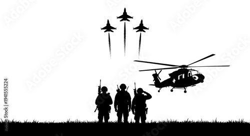 Military Formation: Soldiers, Helicopter, and Fighter Jets in Silhouette