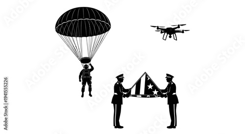 Military drone, paratrooper, and flag ceremony: modern and traditional service