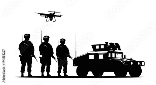 Military Drone Surveillance with Soldiers and Armored Vehicle