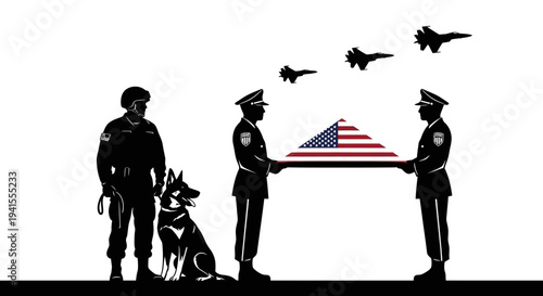 Military Funeral Honor Guard with Dog and Fighter Jets Flyover