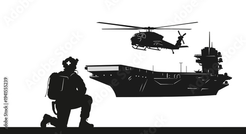 Military Helicopter Landing on Aircraft Carrier with Soldier Kneeling