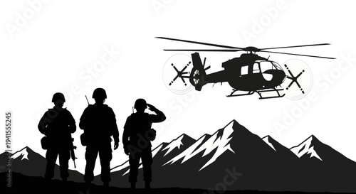 Military helicopter flying over soldiers and mountains, tactical operation, armed forces, silhouette