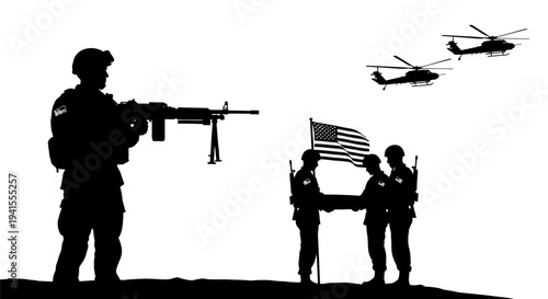 Military Honor Guard Carrying Flag-Draped Coffin with Helicopters and Soldier Silhouette