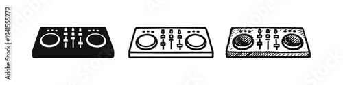 DJ Mixer Controller Device Icon Set with Solid, Outline, and Hand-Drawn Styles