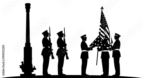 Military Honor Guard Ceremony with American Flag and Cannon Silhouette