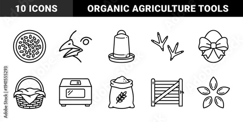 Poultry farming and organic agriculture line art elements featuring chicken breeding, egg production, and livestock maintenance in a bold monoline aesthetic.