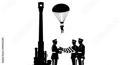 Military Honor Guard Ceremony with Parachutist and Artillery Gun Silhouette
