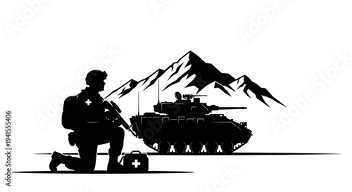 Military Medic Kneeling Beside Tank with Mountains Background Silhouette