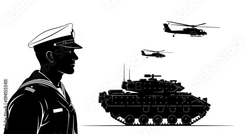 Military Officer and Armored Vehicle with Helicopters, Military Power and Readiness Concept