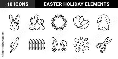 Easter spring garden elements in monoline black and white aesthetic featuring bunny rabbits floral wreath tulip bulbs and gardening shears.