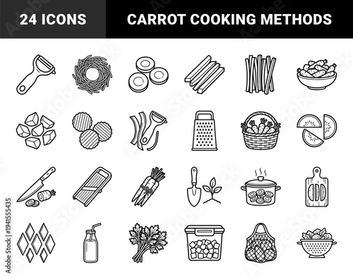 Vegetable preparation and culinary processing line art. Monoline strokes featuring carrot slicing, peeling, grating, and healthy cooking techniques.
