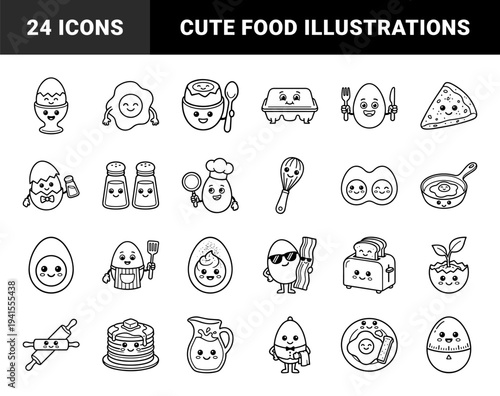 Kawaii breakfast characters and egg preparation line art for children's educational materials. Cute hand-drawn minimalism featuring personified food and kitchen tools.
