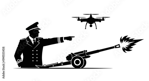 Military officer directing drone and firing cannon, symbolizing modern warfare strategy