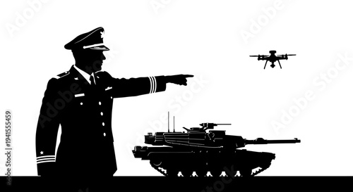 Military officer directing drone and tank, symbolizing modern warfare and technology integration.