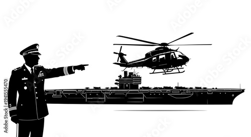 Military Officer Directs Helicopter Landing on Aircraft Carrier Deck