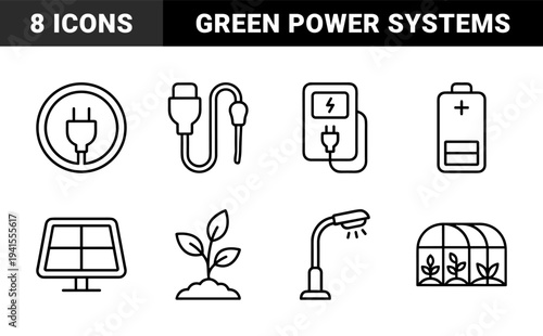 Sustainable energy and smart agriculture monoline elements featuring solar panels, battery storage, greenhouse cultivation, and power connectivity.
