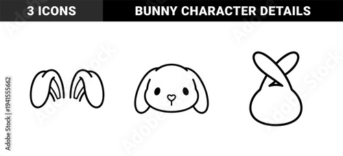 Cute bunny rabbit head and floppy ear silhouettes for nursery decor and children's stationery. Minimalist monoline aesthetic featuring sweet animal character elements.
