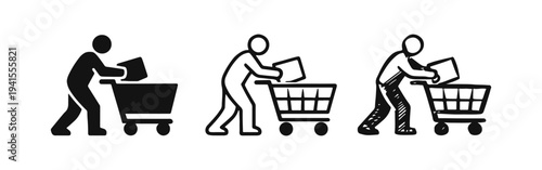 Person Pushing Shopping Cart with Item Icon Set with Solid, Outline, and Hand-Drawn Styles