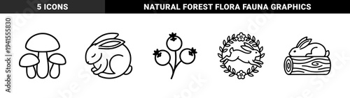 Forest wildlife and woodland elements for nature branding. Minimalist monoline graphics featuring rabbits, mushrooms, berries, and floral wreaths.
