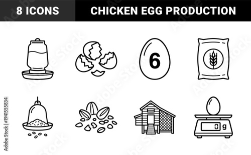Poultry farming and egg production management elements. Minimalist monoline pictograms featuring chicken coop, organic feed, and hatchery equipment.