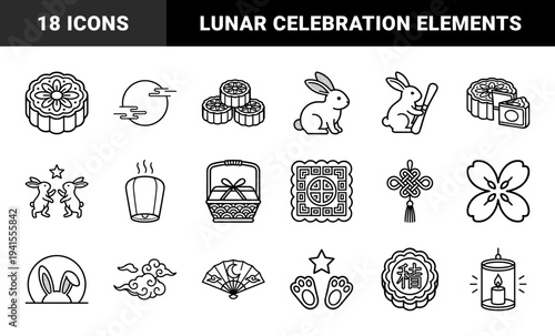 Mid-Autumn Festival celebration elements in technical monoline style. Traditional mooncakes, jade rabbits, lanterns, and celestial motifs for oriental cultural branding.