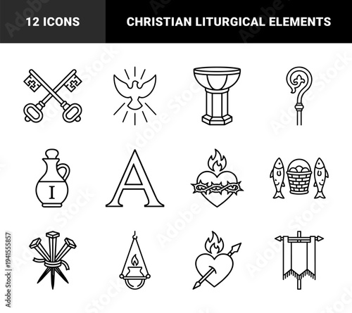 Christian religious symbols and liturgical elements in a clean monoline aesthetic. Sacred Catholic iconography featuring the holy spirit, clerical keys, and eucharistic chalice.