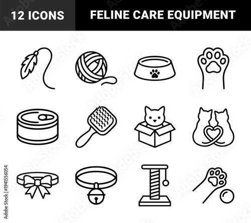 Cat care and feline lifestyle essentials for pet shop branding. Minimalist monoline pictograms featuring kitten adoption, grooming tools, and play equipment.
