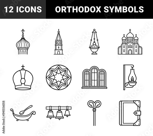 Orthodox Christian liturgical symbols and ecclesiastical architecture. Technical monoline pictograms featuring cathedral domes, incense burners, and clerical vestments.