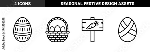 Easter holiday celebration elements featuring decorated eggs and woven basket. Minimalist monoline black and white line art for seasonal spring branding and festive greeting cards.