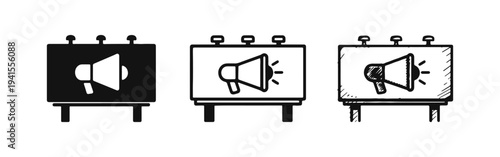 Billboard with Megaphone Advertisement Icon Set with Solid, Outline, and Hand-Drawn Styles