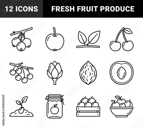 Organic fruit farming and orchard cultivation elements. Professional monolinear pictograms featuring harvest bins, fresh produce, and natural growth concepts.