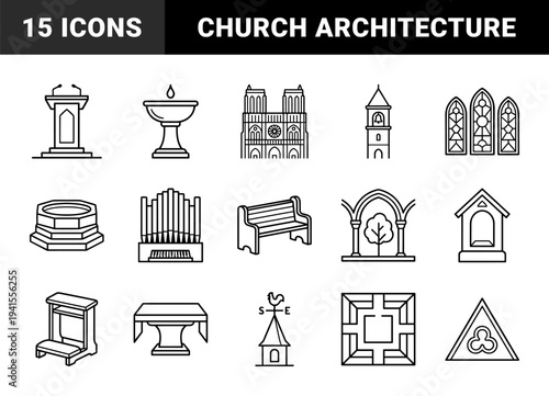 Cathedral architecture and ecclesiastical furniture elements for religious heritage projects. Technical monoline pictograms featuring gothic windows and church interior assets.