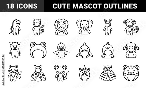 Cute animal costume characters and mascot head silhouettes for kids apparel design. Minimalist monolinear nursery graphics featuring playful creature outlines.