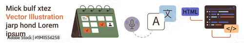 Productivity, task management, technology, language tools, web development, workflow optimization. Calendar, microphone language translation icon HTML code blocks. Productivity and task management