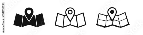 Map pointer icon set. Location pin and map symbol. GPS navigation vector illustration with solid, outline, and hand-drawn styles.