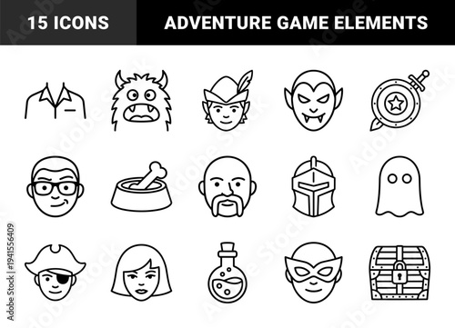 Fantasy adventure and roleplaying game character elements. Minimalist monoline symbols for tabletop gaming interfaces and digital storytelling assets.
