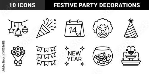 Celebration and event planning elements in a thick monoline style. Playful party symbols featuring carnival, holiday, and anniversary decorations for festive designs.