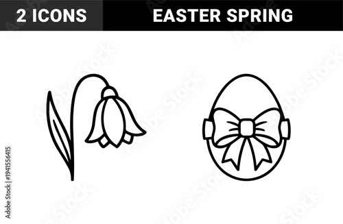 Easter holiday and spring season celebration elements. Minimalist monoline snowdrop flower and decorated egg with ribbon for greeting card design.